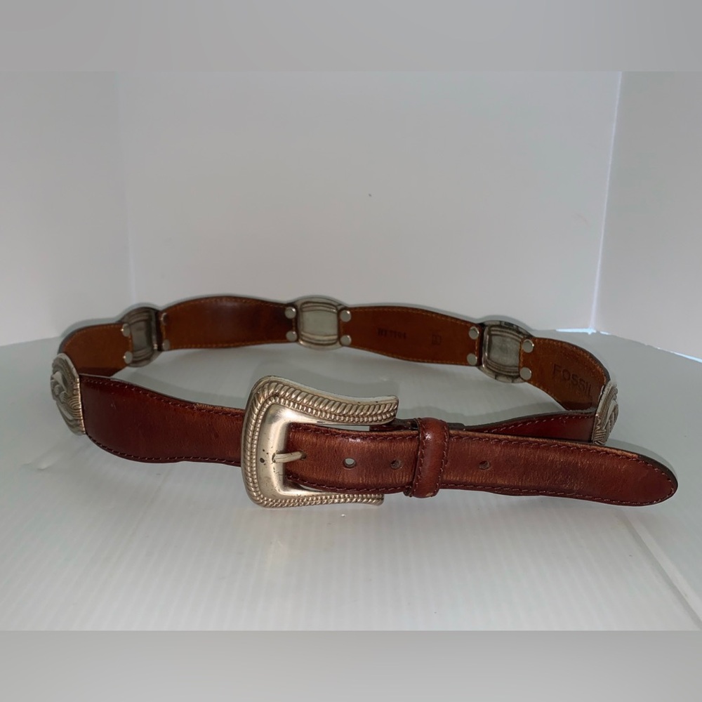 Fossil Leather Belt With Silver Color Concho Pieces Adornment: 39” Tip to Buckle